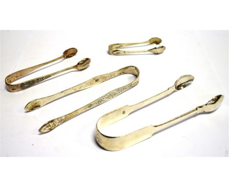 A PAIR OF BRIGHT CUT GEORGIAN SILVER SUGAR TONGS  by Peter, Ann &amp; William Bateman, London mark for 1803, together with a 