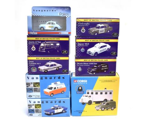 NINE DIECAST MODEL POLICE VEHICLES  mainly 1/43 scale, by Vanguards (3); Atlas Editions (5); and Corgi (1), each mint or near