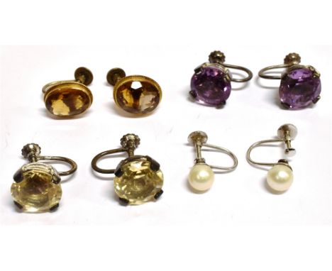 A SMALL COLLECTION OF GEM SET EARRINGS WITH SCREW FITTINGS  INCLUDING A PAIR OF ROUND MIXED-CUT PALE-AMETHYST SINGLE STONES e