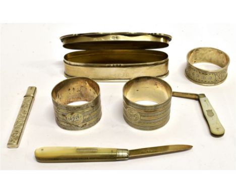 TWO SILVER AND MOTHER OF PEARL FRUIT KNIVES  together with a small silver cased fruit knife, a silver small dressing table bo