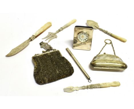 SEVEN ASSORTED ITEMS OF SILVER Comprising four pieces of mother of pearl handled silver pickle forks, knife and scoop, a silv
