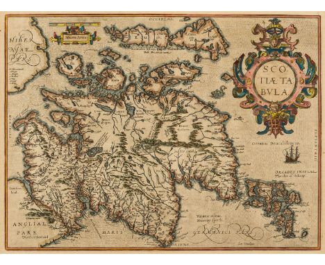 Scotland.- Ortelius (Abraham) Scotiae Tabula, map of Scotland, oriented with north to the right, with large strap-work title 