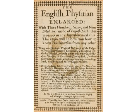 Herbal.- Culpeper (Nicholas) The English Physitian enlarged: with three hundred, sixty, and nine medicines made of English he