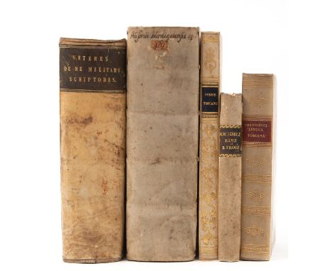 Vegetius Renatus (Flavius) Scriptores Antiqui de re Militari, 2 parts in 1, engraved pictorial titles and illustrations, fold
