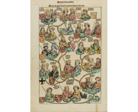 Early printed leaves.- [Schedel (Hartmann)] Two hand-coloured leaves from the Liber Chronicarum, or Nuremberg Chronicle, wood