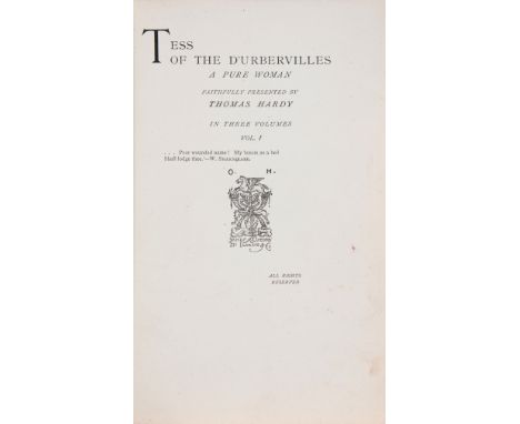 Hardy (Thomas) Tess of the d'Urbervilles. A Pure Woman..., 3 vol., first edition in book form, vol. 2 first impression, vol. 