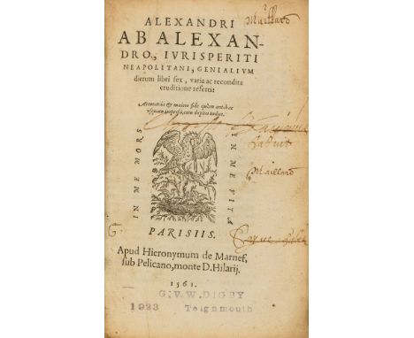 Lawyer's musings.- Alessandri (Alessandro) Genialium dierum libri sex, title with woodcut printer's device, woodcut decorativ