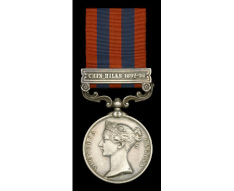 India General Service 1854-95, 1 clasp, Chin Hills 1892-93 (2533 Pte. H. Adcock. 1st. Bn. Norfolk Regt.) minor edge bruising,