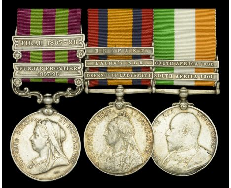 Three: Private J. McFarlane, Gordon Highlanders  India General Service 1895-1902, 2 clasps, Punjab Frontier 1897-98, Tirah 18