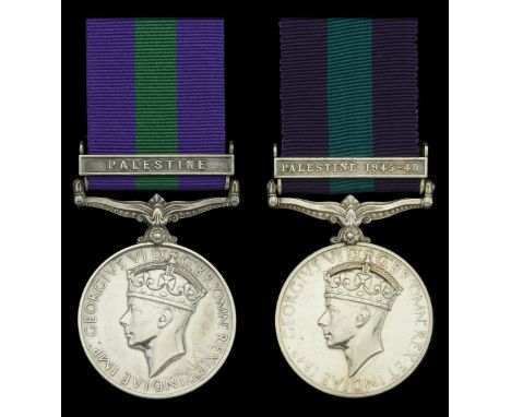 General Service 1918-62 (2), 1 clasp, Palestine (3311198 Pte. T. Traill. H.L.I.); 1 clasp, Palestine 1945-48 (AS.18714 Pte. M