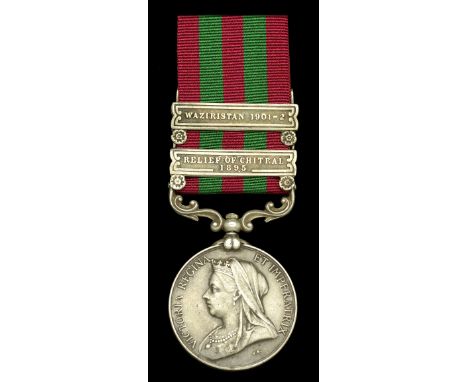 India General Service 1895-1902, 2 clasps, Relief of Chitral 1895, Waziristan 1901-2 (3705 Sepoy Bhag Sing 43th (sic)Sikhs) g