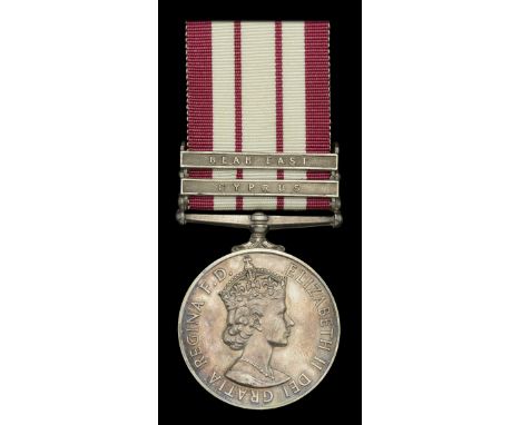 Naval General Service 1915-62, 2 clasps, Cyprus, Near East, unofficial retaining rod between clasps (R.M. 11611 E. Westgarth.