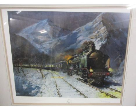 Terence Cuneo - a signed limited edition print depicting a train, 22" x 18", framed 