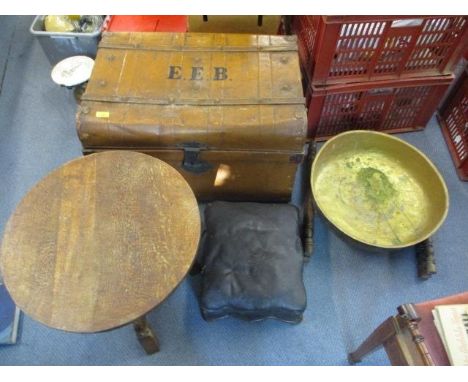 A large metal trunk, together with an oak circular occasional table, a small stool and a metal bowl with folding legs 