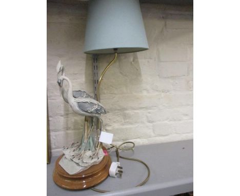 A late 20th century Italian lamp, A/F decorated with herons, having a light turquoise shade 