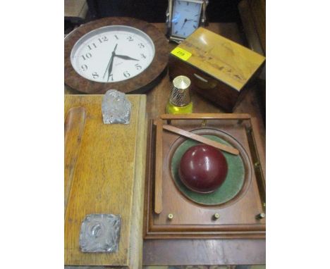 A silver plated Carr's mantel clock, a Homepride model, an oak desk tidy, an Italian style musical jewellery box, a vintage A