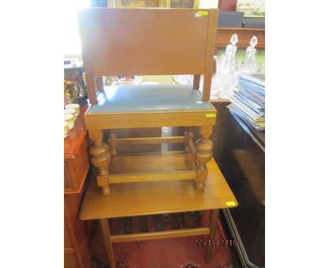 A retro teak occasional table with slatted shelf below, a vintage stool and a magazine rack 