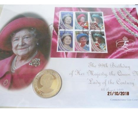 The Queen Mothers 80th Birthday stamp album containing stamps, first day covers and a commemorative coins cover with a silver