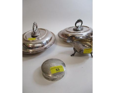 An engine turned silver dressing table pot and cover and a pair of silver plated entree dishes and covers 