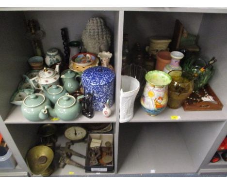 A large mixed lot of china, glassware and weighing scales to include teapots, vases, an oil lamp, a composition head and othe