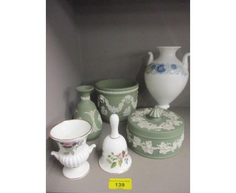 Wedgewood green Jasperware ornaments and a planter and Wedgwood bone china items 