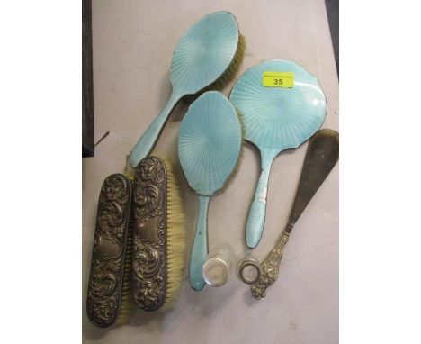 Mixed dressing table items to include two early 20th century blue enamel brushes and a mirror 