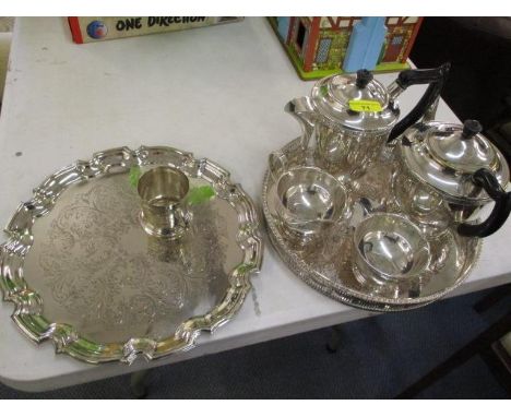 A Viners four piece silver plated coffee and tea service with a Viners tray and another tray 