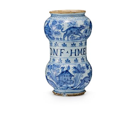 Kleisterblauer Albarello  17./18. Jh. Majolika, rotbeiger Scherben. In Blau bemalt mit verschiedenen Tiermotiven zwischen Pfl