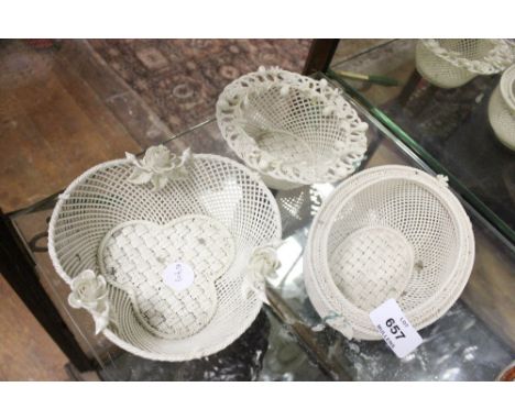 THREE FIRST PERIOD BELLEEK WOVEN DISHES 