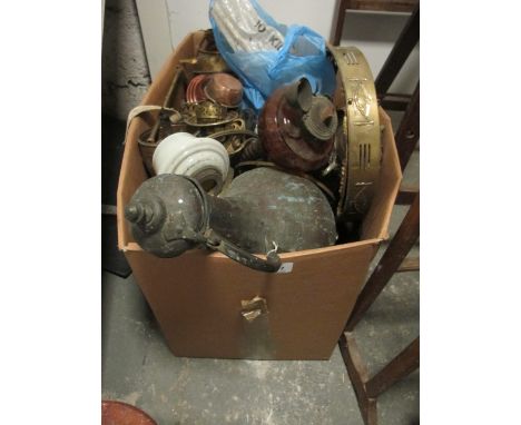 A COLLECTION OF BRASS AND COPPER OIL LAMP PARTS together with a part ruby oil lamp bowl and base
