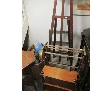 A MISCELLANEOUS COLLECTION to include octagonal lift top table, a pine wall shelf, two towel rails and easel