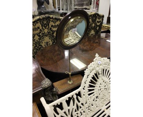 A VICTORIAN MAHOGANY AND BRASS DRESSING STAND the circular mirror above a telescopic column joined by a rectangular tray with