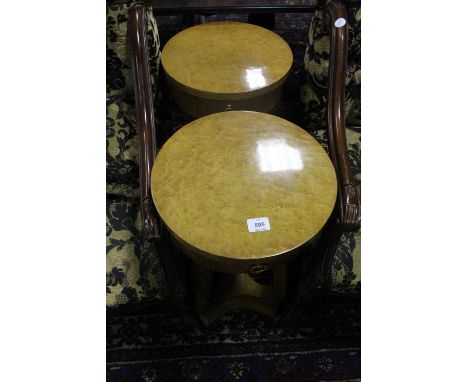 A PAIR OF ART DECO STYLE BURR WALNUT LAMP TABLES each of circular form with frieze drawer on shaped supports and concave plat