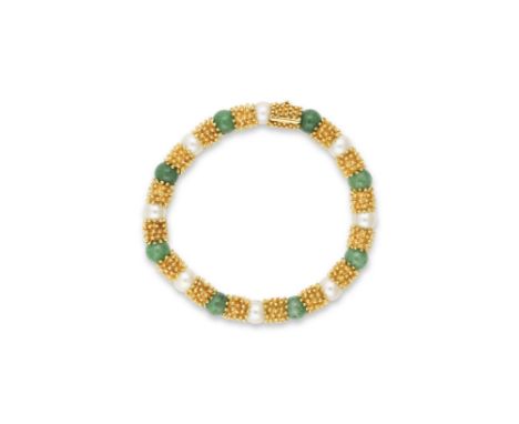 BRACELET PERLES DE CULTURE ET AVENTURINEComposé de maillons façonnés, alternés de perles d'aventurine et de perles de culture