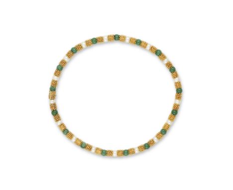 COLLIER PERLES DE CULTURE ET AVENTURINEComposé de maillons façonnés, alternés de perles d'aventurine et de perles de culture,