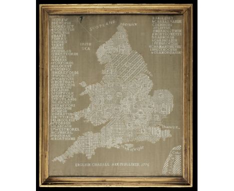 * Sampler. A rare painted gauze sampler of England and Wales, by Ann Mulliner, 1775, depicting the counties of England and re