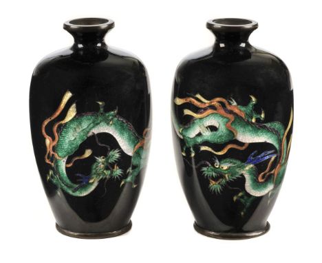 * Cloisonné. Pair of Japanese cloisonné vases, Meiji period (1868-1912), each with a three claw dragon on a black ground, sin