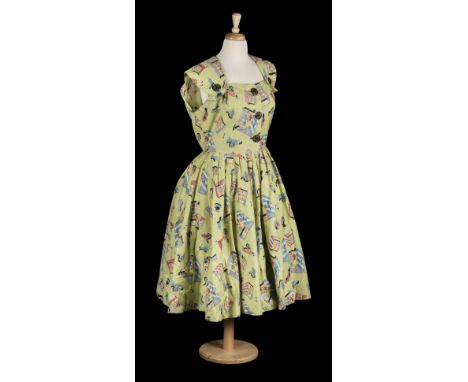 * Clothing. A 1950s Beverley dress, printed cotton summer dress with full gathered skirt, with all over pictorial pattern dep