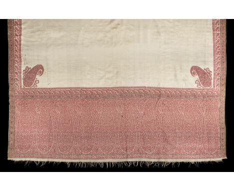 * Shawl. A large Kashmir shawl, circa 1815-1820, rectangular fine wool shawl, woven in red (and touches of yellow) with a ban