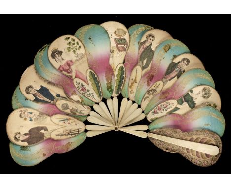 * Fan. A Regency fortune-telling or puzzle fan, English, 1820s, paper brisé fan, with hand-coloured etchings to 7 of the 15 s