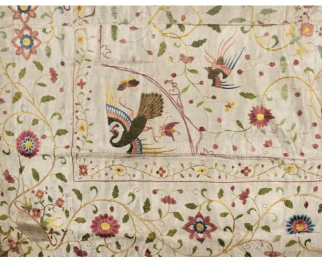 * Chinese embroidery. A large piece of embroidered silk, mid to late 18th century, hand-embroidered cream silk, of slightly i