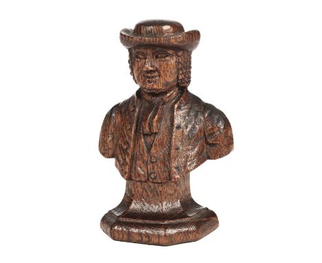 * Penn Jr. (William, 1681-1720). A hand-carved wooden bust, [America?], circa 1900, carved oak with patination, showing Penn 