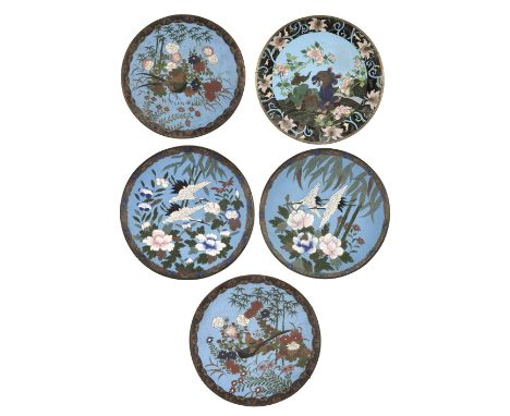 * Cloisonne. A pair of 1920s Chinese cloisonné plates, each with crane in flight amongst floral decoration on a blue ground w