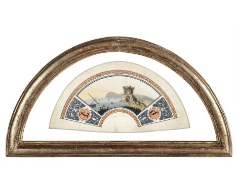 * Fan. A painted fan leaf, early 19th century, unmounted fan leaf, gouache on vellum, depicting a classical seascape with a r