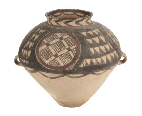 * Funerary Pot. A Chinese Neolithic earthenware funerary pot, circa 2000 BC, the ovoid two handle pot painted with black and 