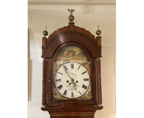 * Clock. A Victorian mahogany longcase clock, the white painted dial signed R. Heitzman &amp; Co, Cardiff, with rural painted