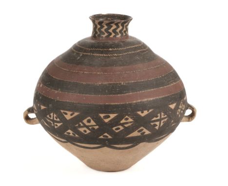 * Funerary Pot. A Chinese Neolithic earthenware funerary pot, circa 2000 BC, the ovoid two handle pot painted with black geom