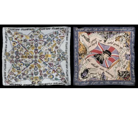 * WWII. Propaganda headscarf 'Into Battle', London: Jacqmar, 1940s, screen printed rayon scarf with large star design of regi