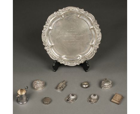 * Mixed Silver. A modern silver salver circa 1970s, with presentation inscription and shaped scroll decorated edge, stamped S