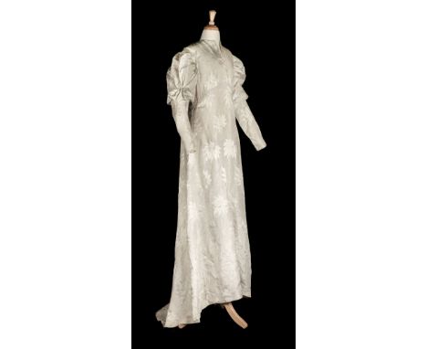 * Clothing. An Aesthetic Movement dress, circa 1870s/80s, hand-made full-length unstructured dove grey silk damask gown, with